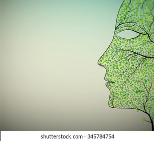 face of tree, face of spring, human face profile building from small green leaves and tree branch, vector,