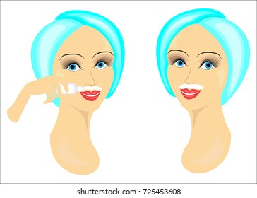 The face of two girls. The ladies make facial depilation on their own. Remove the hair over the upper lip with a gel and wax. Vector illustration.