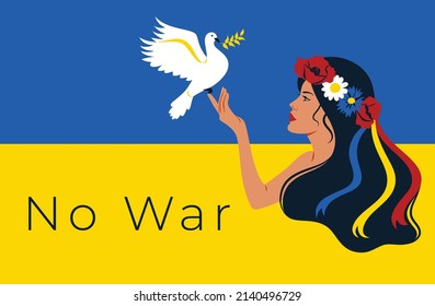 Face of an Ukrainian woman with a pigeon in a modern flat art minimalist  style. Symbol of peace. Vector illustration. Stop the War in Ukraine. Ukrainian flag blue and yellow colors.