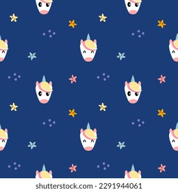 Face unicorn cartoon so cute. On star and blue background. Pattern seamless vector illustration.
