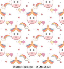 Face unicorn cartoon so cute. On rainbow cloud flower star background. Pattern seamless vector illustration. 
