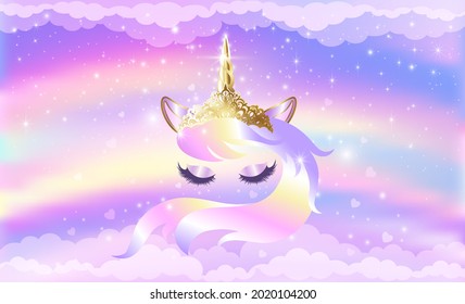 Face of a unicorn with closed eyes and a long mane on an iridescent pink background with sparkles and stars. Template for creating a photo zone design and birthday decor. Vector illustration.