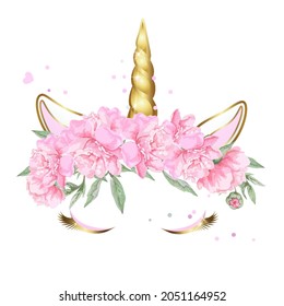 Face of a unicorn with closed eyes in a wreath of pink flowers with sparkles. The golden horn of the unicorn. Vector image isolated on white background.