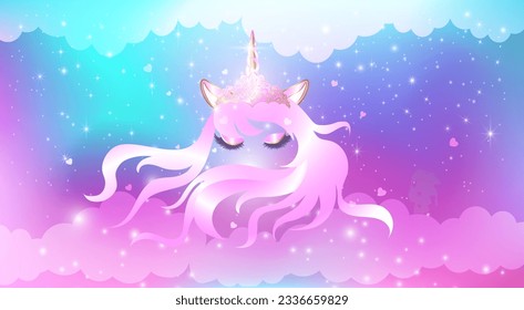 Face of a unicorn in a crown with closed eyes and a long mane on an iridescent magical night sky with stars. Template for creating photozone design and birthday decor. Vector illustration.