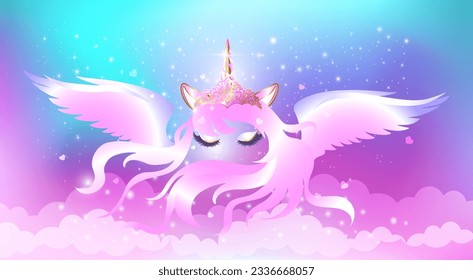 Face unicorn in a crown with closed eyes and wings on an iridescent pink background with sparkles and stars. Template for creating a photo zone design and birthday decor. Vector illustration.