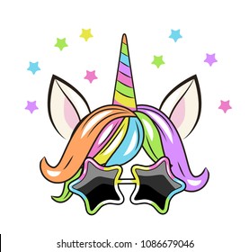 face of a unicorn with sun glasses in form stars. Can be used for baby t-shirt print, fashion print design, kids wear, baby shower celebration, greeting and invitation card