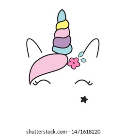 The face of the unicorn. Vector illustration, with the image of a magical, fairy-tale character, for printing on a postcard, clothes, fabric, packaging, dishes, Wallpaper. Cute baby background.