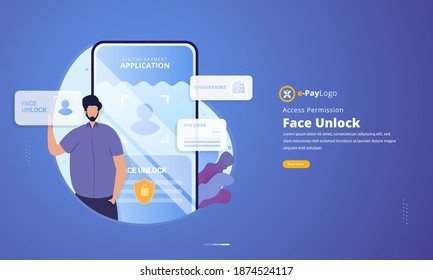 Enfrentar el concepto de ilustración de desbloqueo para desbloquear los permisos de acceso en aplicaciones móviles