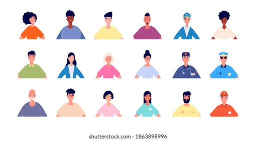 Face users picture. Profile people avatars, different young senior persons. Isolated male female professionals portraits utter vector set