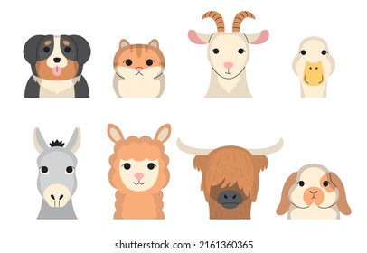 Cara de varios animales con perro, gato, cabra, oveja, ganso, caballo, burro y conejo con dibujos a mano en personajes de dibujos animados sobre fondo blanco, ilustración de vectores