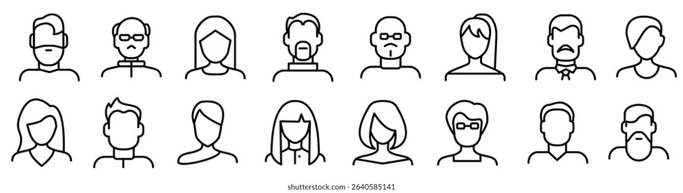 face various types signs black thin line icon set include avatar user portrait person head vector