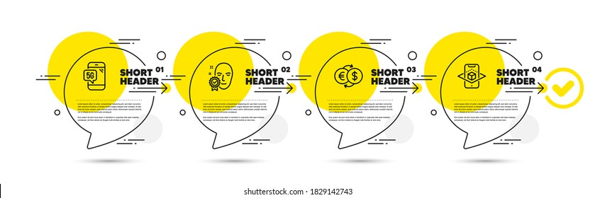 Face verificada, 5g teléfono y juegos de iconos de línea de intercambio de dinero. Burbujas del discurso de la infografía de la línea de tiempo. Signo de realidad aumentada. Acceso garantizado, Internet Wifi, Eur a usd. Simulación telefónica. Conjunto de negocios. Vector