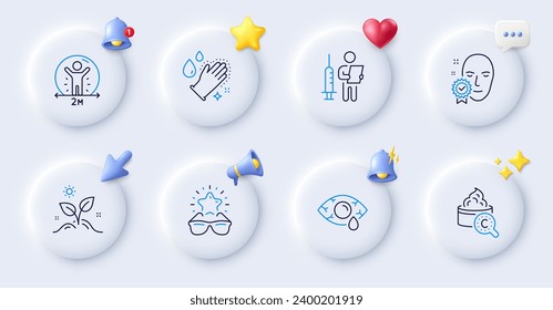 Face verified, Grow plant and Vaccination announcement line icons. Buttons with 3d bell, chat speech, cursor. Pack of Social distance, Washing hands, Conjunctivitis eye icon. Vector