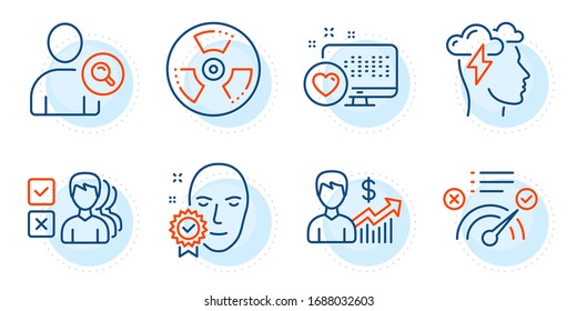 Face Verified, Heart And Chemical Hazard Signs. Correct Answer, Mindfulness Stress And Business Growth Line Icons Set. Opinion, Find User Symbols. Approved, Cloud Storm. Business Set. Vector