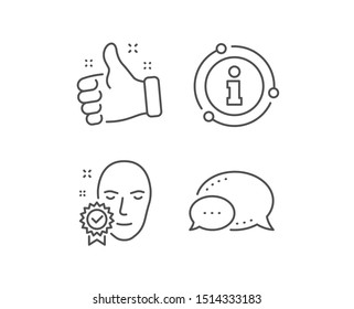 Face verified line icon. Chat bubble, info sign elements. Access granted sign. Facial identification success symbol. Linear face verified outline icon. Information bubble. Vector