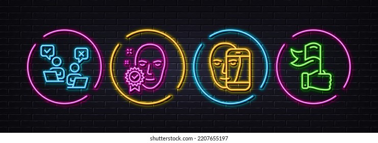 Face verificada, votación en línea y biometría facial iconos mínimos de línea. Luces 3d láser neón. Iconos de liderazgo. Para web, aplicación, impresión. Acceso concedido, Encuesta de Internet, Reconocimiento facial. Vector