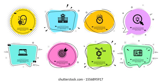 Face verified, Time and Laptop line icons set. Chat bubbles with quotes. Motherboard, Chemical formula and Hospital building signs. Target purpose, Energy symbols. Access granted, Clock. Vector