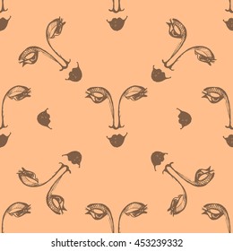 Face vintage. Brown on a peach background. Seamless pattern. Vector. Fabric. Packing.