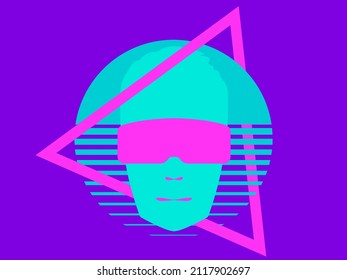 Face in virtual reality glasses against the background of a retro futuristic sun in the style of the 80s. Human face in VR headset. Virtual reality glasses to access the metaverse. Vector illustration