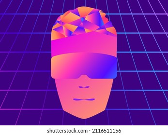 Face in virtual reality glasses in the style of the 80s. Human face in VR headset. Virtual reality glasses to access the metaverse. Synthwave and retrowave style. Vector illustration