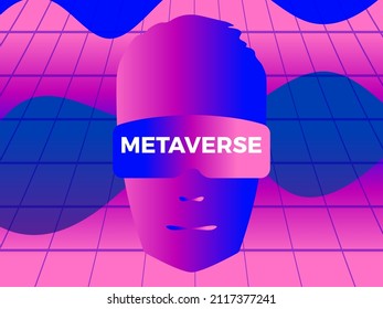 Face in virtual reality glasses in the style of the 80s. Human face in VR headset. Virtual reality glasses to access the metaverse. Synthwave and retrowave style. Vector illustration