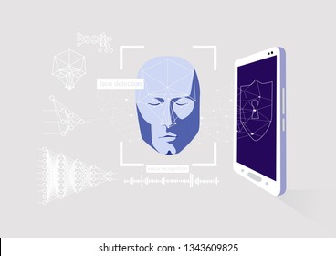 Face and voice recognition in your smartphone. Modern technologies based on neural networks, concept of artificial intelligence and its application for identification and verification. 