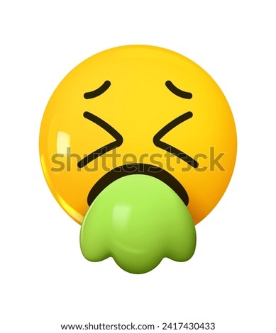 Face Vomiting Green Emoji Liquid. Emotion 3d cartoon icon. Yellow round emoticon. Vector illustration