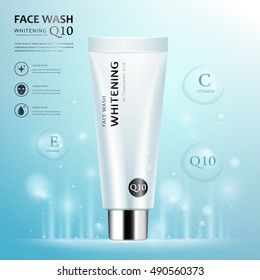 Face wash ad template, blank cosmetic tube package design isolated on light blue background, transparent water drop elements, 3D illustration