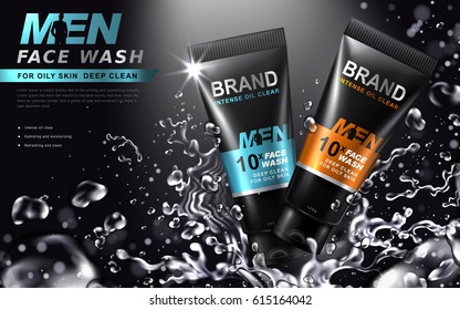 Face Wash For Men Contained In Tubes With Water Splashing, Black Background 3d Illustration