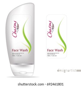 Face wash template, blank cosmetic package design isolated on white background, 3D illustration, charms sliver label 