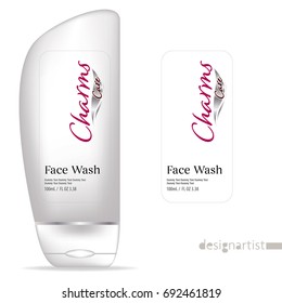 Face wash template, blank cosmetic package design isolated on white background, 3D illustration, charms sliver label 