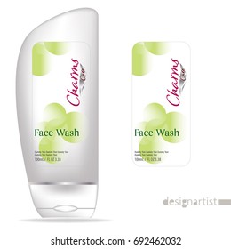 Face wash template, blank cosmetic package design isolated on white background, 3D illustration, charms sliver label 