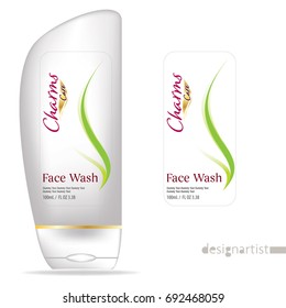 Face wash template, blank cosmetic package design isolated on white background, 3D illustration, charms gold label 