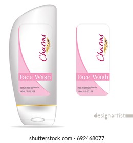 Face wash template, blank cosmetic package design isolated on white background, 3D illustration, charms gold label 
