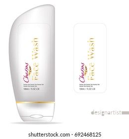Face wash template, blank cosmetic package design isolated on white background, 3D illustration, charms gold label 