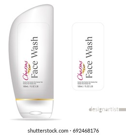 Face wash template, blank cosmetic package design isolated on white background, 3D illustration, charms gold label 