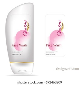 Face wash template, blank cosmetic package design isolated on white background, 3D illustration, charms gold label 