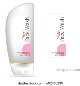 Face wash template, blank cosmetic package design isolated on white background, 3D illustration, charms gold label 