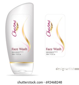 Face wash template, blank cosmetic package design isolated on white background, 3D illustration, charms gold label 
