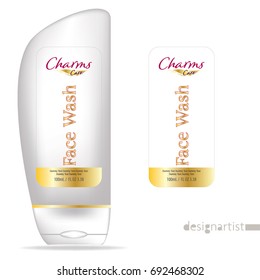 Face wash template, blank cosmetic package design isolated on white background, 3D illustration, charms gold label 