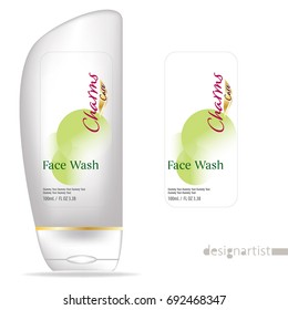 Face wash template, blank cosmetic package design isolated on white background, 3D illustration, charms gold label 