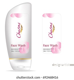 Face wash template, blank cosmetic package design isolated on white background, 3D illustration, charms gold label 