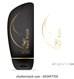 Face wash template, blank cosmetic package design isolated on white background, 3D illustration, charms gold label, face wash for men