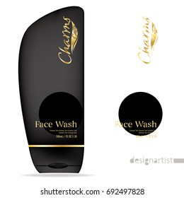 Face wash template, blank cosmetic package design isolated on white background, 3D illustration, charms gold label, face wash for men