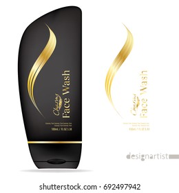 Face wash template, blank cosmetic package design isolated on white background, 3D illustration, charms gold label, face wash for men