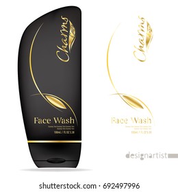 Face wash template, blank cosmetic package design isolated on white background, 3D illustration, charms gold label, face wash for men