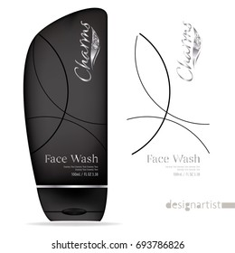 Face wash template, blank cosmetic package design isolated on white background, 3D illustration, charms silver label on black bottle, face wash for men