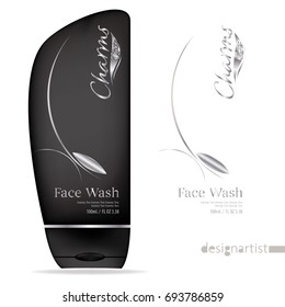 Face wash template, blank cosmetic package design isolated on white background, 3D illustration, charms silver label on black bottle, face wash for men