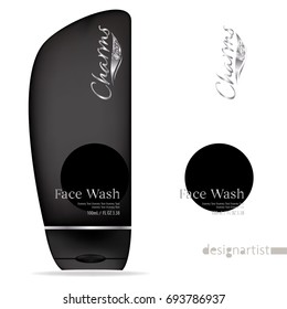 Face wash template, blank cosmetic package design isolated on white background, 3D illustration, charms silver label on black bottle, face wash for men