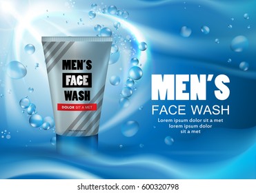 Face wash tube isolated on blue backdrop.Plastic tube,new design cosmetics creme.Modern style.For web site,advertisement,marketing and social network.Also useful for flyer,placard,leaflet and pamphlet